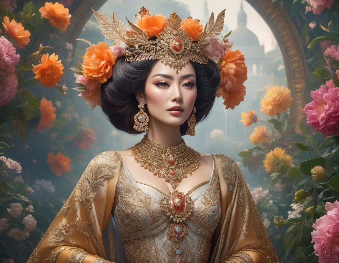  concept art A woman adorned in elaborate traditional jewelry and attire, set against a floral background with a regal aura Analog photo graceful dada absurdity surreal, trending on artstation, sharp focus, studio photo, intricate details, highly detailed. . digital artwork, illustrative, painterly, matte painting, highly detailed hyperrealistic, full body, detailed clothing, highly detailed, cinematic lighting, stunningly beautiful, intricate, sharp focus, f/1. 8, 85mm, (centered image composition), (professionally color graded), ((bright soft diffused light)), volumetric fog, trending on instagram, trending on tumblr, HDR 4K, 8K