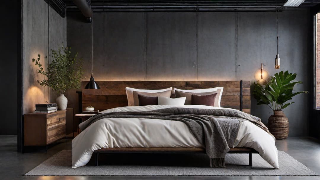  Generate an image of an urban industrial bedroom featuring a dark metal <strong>industrial bed frame</strong> with a reclaimed wood <strong>industrial headboard</strong>. Include elements like exposed brick walls, metal pipes, and Edison bulb light fixtures for an urban industrial vibe. Incorporate furniture pieces such as a leather <strong>industrial bed</strong> bench and a modern desk. The color scheme should consist of earthy tones and metallic accents to create a cozy yet edgy atmosphere. hyperrealistic, full body, detailed clothing, highly detailed, cinematic lighting, stunningly beautiful, intricate, sharp focus, f/1. 8, 85mm, (centered image composition), (professionally color graded), ((bright soft diffused light)), volumetric fog, trending on instagram, trending on tumblr, HDR 4K, 8K