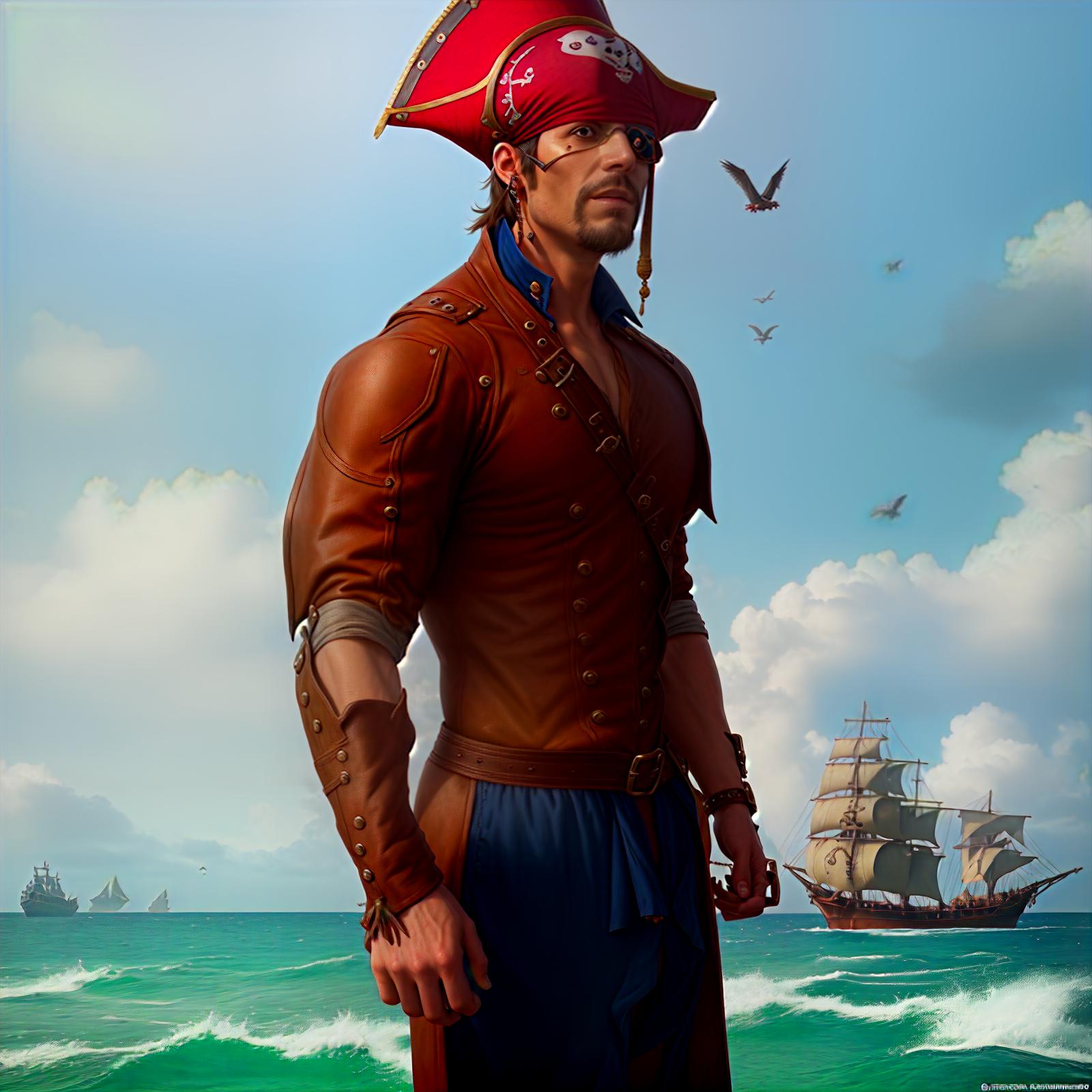  portrait+ Image of a pirate. Pirate themed elements such as an eye patch, a tricorn hat, a parrot on the shoulder, a pirate coat, and a background featuring a pirate ship or a treasure island. A big sea on the background. The final image should be vibrant, very detailed