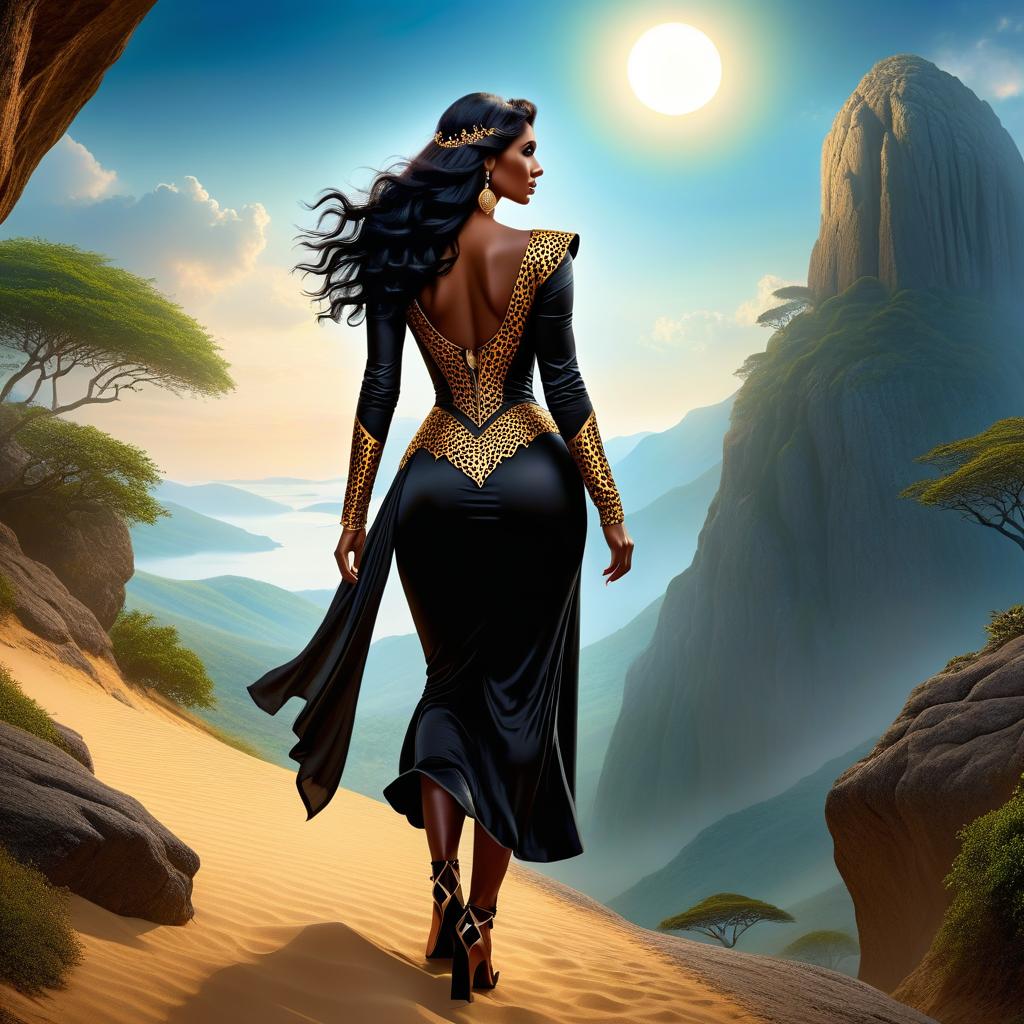  ethereal fantasy concept art of The woman was walking up a rocky slope, following a path known to her alone. She had mocha coloured skin and straight, shiny black hair to her waist. The woman walked surrounded by leopards, climbing higher and higher and heading for the tomb at the top. Her silhouette seemed to shake like a mirage above the sun hot sand. . magnificent, celestial, ethereal, painterly, epic, majestic, magical, fantasy art, cover art, dreamy hyperrealistic, full body, detailed clothing, highly detailed, cinematic lighting, stunningly beautiful, intricate, sharp focus, f/1. 8, 85mm, (centered image composition), (professionally color graded), ((bright soft diffused light)), volumetric fog, trending on instagram, trending on tumblr, HDR 4K, 8K