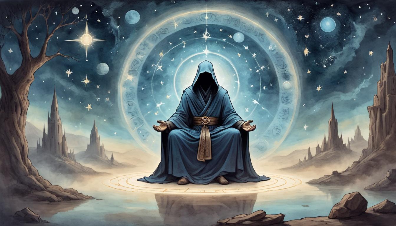  on parchment, surrealism+++, A lone robed figure in meditation, surrounded by a soft glowing aura, symbols of wisdom floating around, a serene face displaying ancient knowledge, night sky with twinkling stars(mysterious, provocative, symbolic,muted color)+++