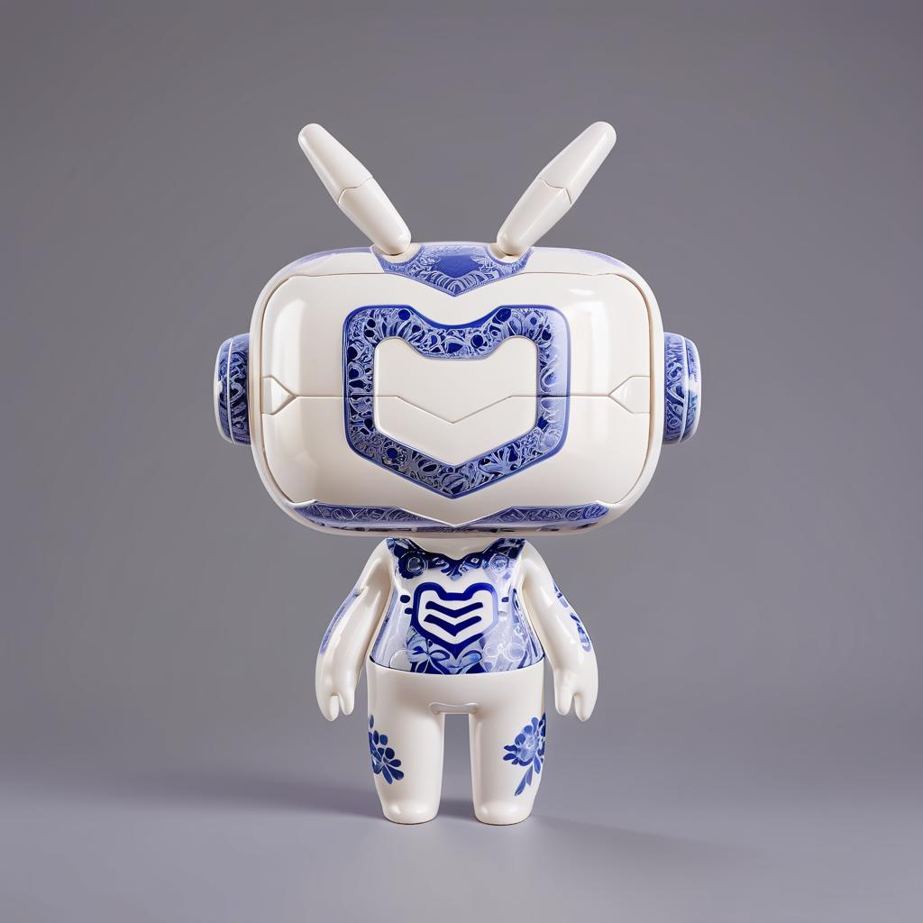  anxiaozhi, "An Xiao Zhi", cute white robot with mask fully enveloped in a continuous and dense blue and white porcelain floral design, with the elegant and intricate Chinese style motif covering every inch of its shell, , standing pose, front view,