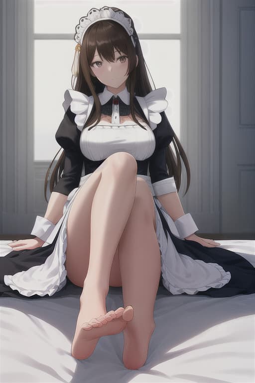  (score 9,score 8 up,score 7 up,),1girl,solo,maid,maid headdress,looking at viewer,apron,brown hair,indoors,black hair,bare foot,feet focus,two feet hyperrealistic, full body, detailed clothing, highly detailed, cinematic lighting, stunningly beautiful, intricate, sharp focus, f/1. 8, 85mm, (centered image composition), (professionally color graded), ((bright soft diffused light)), volumetric fog, trending on instagram, trending on tumblr, HDR 4K, 8K