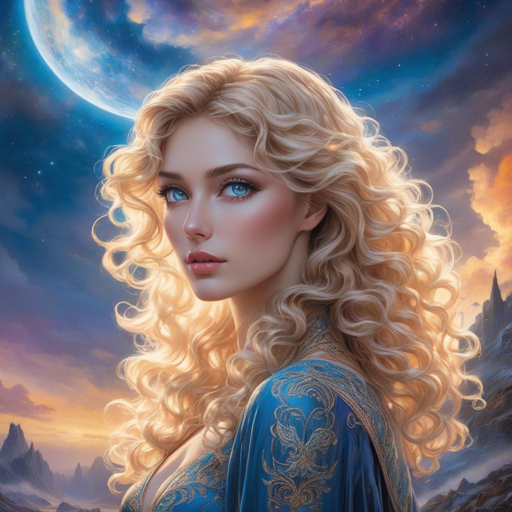  expressionist A digital portrait of a woman with curly blond hair, blue eyes, and a celestial background. Create a vintage Aquarell im Stil von Josephine Wall, Tomasz Allen Kopera, Dariusz Zawadzki, Andreja Peklar, Ivan Shiskine ,a fantasy style portrait of a young woman with long, wavy ash blond hair, featuring subtle brown highlights. Her complexion is fair with a warm undertone. She has large, round, hazel eyes with visible eyelashes and well groomed, arched eyebrows. Her lips are full with a slight peach tint, accompanying a small, straight nose and a softly contoured face with prominent cheekbones, gently flushed cheeks, and a delicate chin. Modifiers: . raw, emotional, dynamic, distortion for emotional effect, vibrant, use of unusual  hyperrealistic, full body, detailed clothing, highly detailed, cinematic lighting, stunningly beautiful, intricate, sharp focus, f/1. 8, 85mm, (centered image composition), (professionally color graded), ((bright soft diffused light)), volumetric fog, trending on instagram, trending on tumblr, HDR 4K, 8K