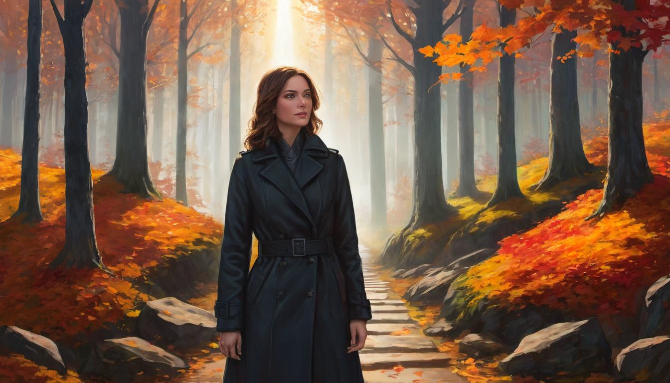  digital illustration, 1woman, early 30s, poised and thoughtful expression, standing at a crossroads with two different paths, one path illuminated with bright light and the other dark and shadowy, crossroads surrounded by a forest, leaves in various stages of autumn, contemplative, cautious, looking at viewer, dynamic pose, (intricate details, masterpiece, best quality)