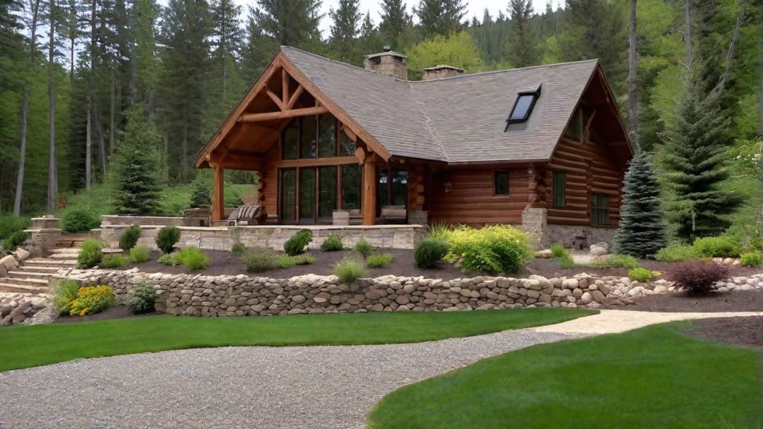  Rustic Stone Fireplace Welcoming You Home, exterior of a luxurious log cabin, zoom out to see the full home, sharp and crisp, bright sunny day