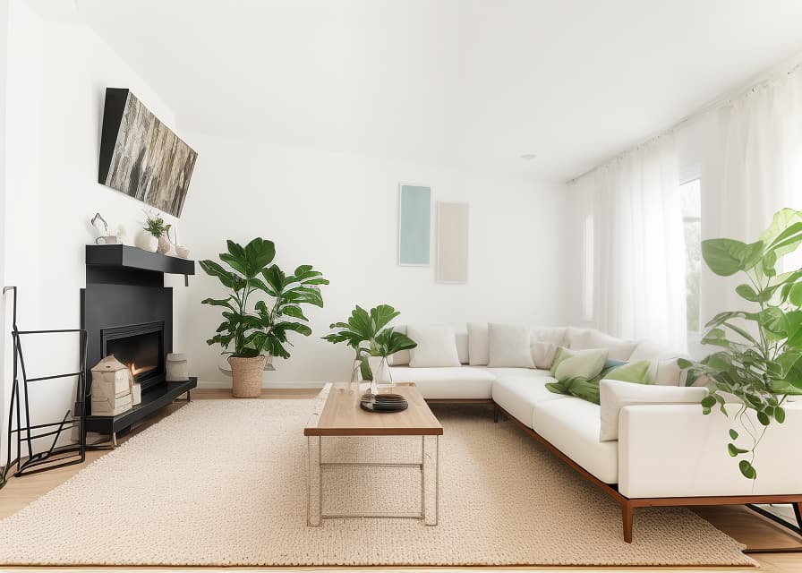  Living Room, Cozy, comfortable, family time, relaxation, entertainment, decor, furniture, lighting The room depicted in the image exhibits a minimalist and contemporary living room theme, emphasizing clean lines and neutral tones. Contemporary minimalist living room with a white sectional sofa, wooden accent chairs, geometric rug, and large leaf artwork. minimalist, contemporary, living room, white sectional sofa, wooden accent chairs, geometric rug, large leaf artwork earhty colors