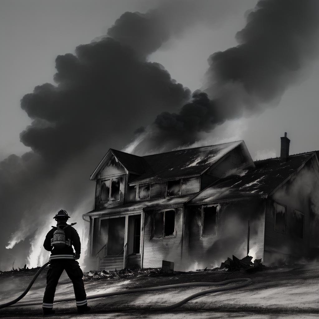  masterpiece, best quality, A black and white realism picture of a firefighter on top of a burning house fighting a fire shaped like the devil. On the back of the firefighters clothes has the numbers 147.The image is off in the distance, emphasizing the size of the devil in the background.