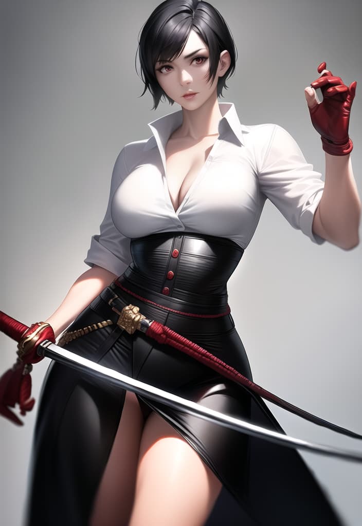  black hair, very short hair, woman, older sister, mature, white dress shirt, red corset, black leather pants, long Japanese sword, muscular, accurate eyes, accurate hands, Japanese armor on shoulders and arms,cowboy shot, (Masterpiece, BestQuality:1.3), (ultra detailed:1.2), (hyperrealistic:1.3), (RAW photo:1.2),High detail RAW color photo, professional photograph, (Photorealistic:1.4), (realistic:1.4), ,professional lighting, (japanese), beautiful face, (realistic face)