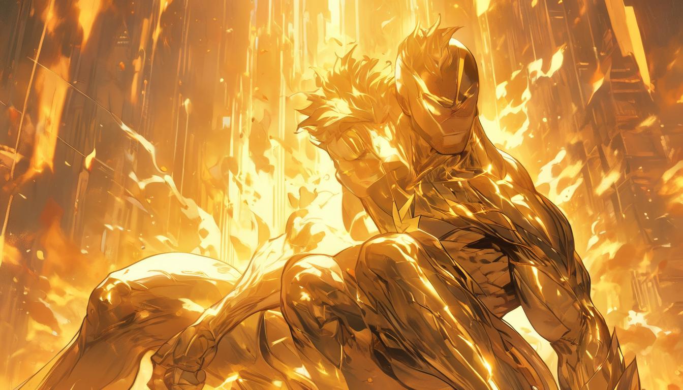  hyperrealism,fantasy aesthetic1man, attractive arian male humanoid, fresh out of bed, surrounded by a golden aura, vibrant and full of life, morning sunlight filtering through blinds, high tech clothing clad in sleek, futuristic costume with metallic accents and form fitting designs, marvel superhero comics style, unreal engine rendering