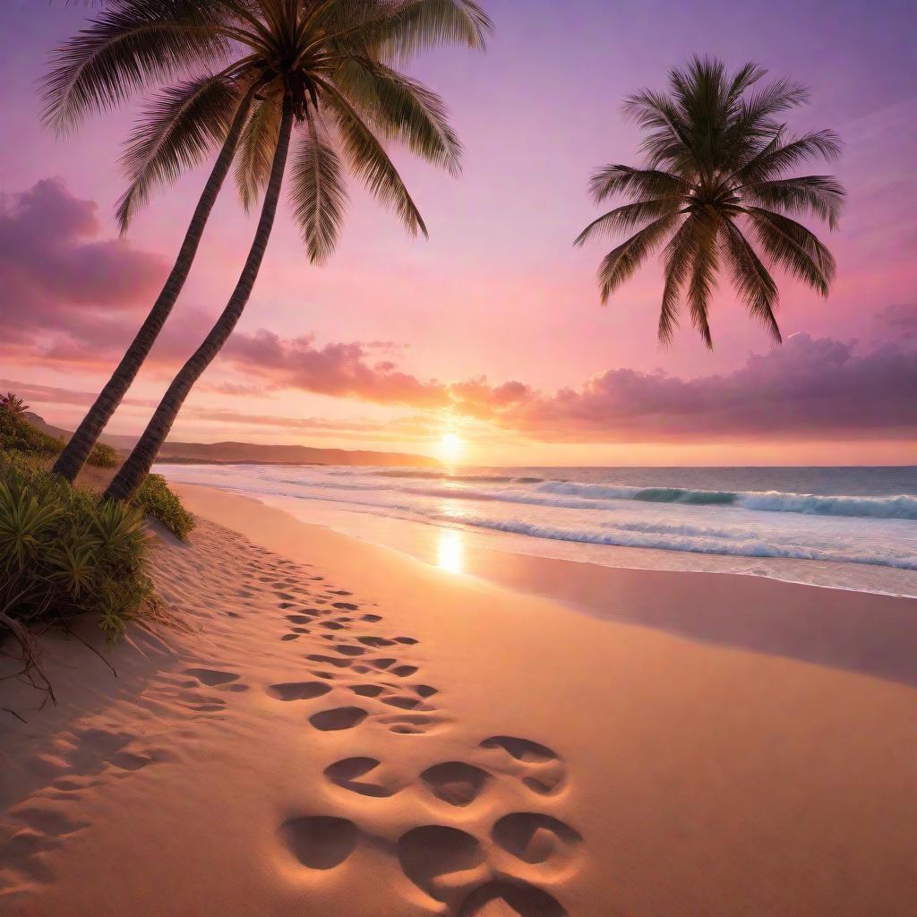  A beach scenery with palm trees in the background, the sun setting over the horizon casting warm oranges, pinks, and purples across the sky and reflecting on calm ocean waves. The beach itself is sandy with gentle waves lapping at the shore. hyperrealistic, full body, detailed clothing, highly detailed, cinematic lighting, stunningly beautiful, intricate, sharp focus, f/1. 8, 85mm, (centered image composition), (professionally color graded), ((bright soft diffused light)), volumetric fog, trending on instagram, trending on tumblr, HDR 4K, 8K