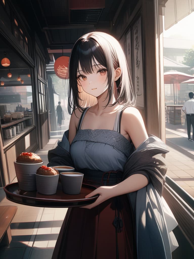  Japan Painting Style, Frill Appron, Bare Shoulder, Carry A Tray, Japanese Cafe, Best Quality: 1.4, Ultra Detailed Texture ToreAlistic, Absurd Resolution, 8k Illustration, 💩, 💩, 💩, 💩, 💩,, masterpiece, best quality,8k,ultra detailed,high resolution,an extremely delicate and beautiful,hyper detail