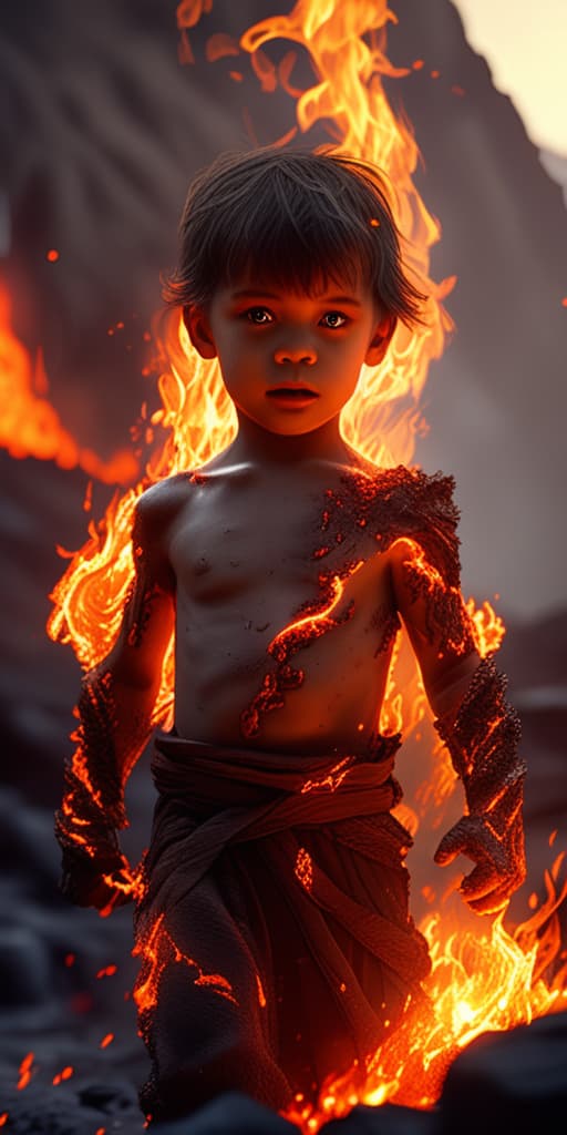  best quality, HD, A fantasy portrait of a cute child as a fire elemental human, their skin glowing warmly with embers, fiery red eyes, and flames dancing around them. They are set against a cinematic volcanic landscape, with studio lighting enhancing the fiery details. Hyper detailed, beautifully color graded, 8k photorealistic, global illumination, volumetric lighting.