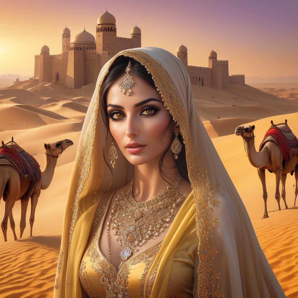  hyperrealistic art A woman with intricate jewelry and a colorful veil gazes intently, as a caravan of camels traverses a desert with a sunset behind. masterpiece.(Desert + dunes).(the main background is a yellow orange gradient).(The Sheikh's castle is in the background).(In the foreground on the right is a caravan of camels + Arabs).(In the foreground on the left is a beautiful Iranian woman with beautiful black eyes).(The Iranian woman is wearing beautiful clothes + expensive jewelry) (The Iranian woman has an openwork veil on her face, she holds it with her hand). (The most beautiful photo in the world.) . extremely high resolution details, photographic, realism pushed to extreme, fine texture, incredibly lifelike hyperrealistic, full body, detailed clothing, highly detailed, cinematic lighting, stunningly beautiful, intricate, sharp focus, f/1. 8, 85mm, (centered image composition), (professionally color graded), ((bright soft diffused light)), volumetric fog, trending on instagram, trending on tumblr, HDR 4K, 8K