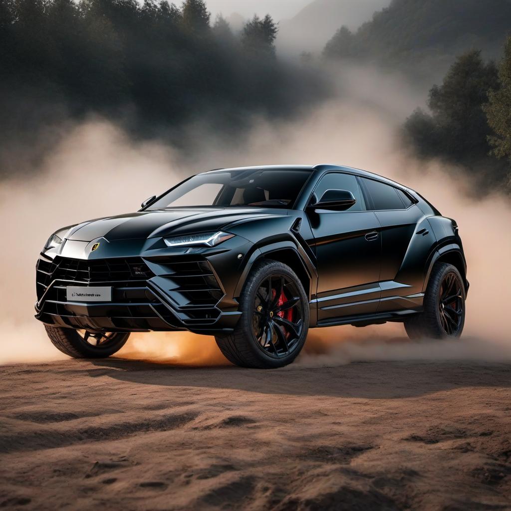  Lamborghini Urus black With large wheels and powerful bumpers hyperrealistic, full body, detailed clothing, highly detailed, cinematic lighting, stunningly beautiful, intricate, sharp focus, f/1. 8, 85mm, (centered image composition), (professionally color graded), ((bright soft diffused light)), volumetric fog, trending on instagram, trending on tumblr, HDR 4K, 8K