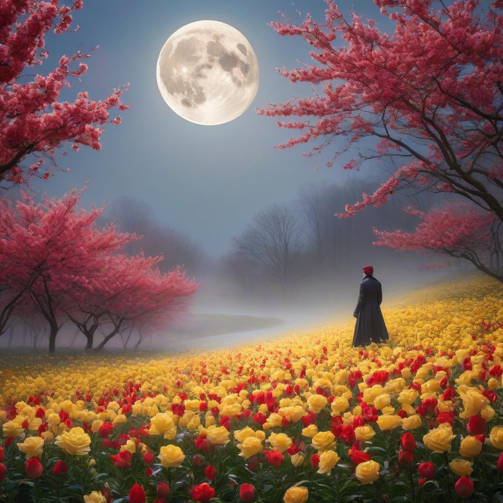  Moon in light. A masterpiece. Bird. Nightingale. Background: surrealistically abstract. Сanary. Flying saucer. (Sparkling rim)): spring field, hyacinths, roses, rosehips, rose hips, peonies, cherry tree, yellow, red. Surrealist abstractionism. hyperrealistic, full body, detailed clothing, highly detailed, cinematic lighting, stunningly beautiful, intricate, sharp focus, f/1. 8, 85mm, (centered image composition), (professionally color graded), ((bright soft diffused light)), volumetric fog, trending on instagram, trending on tumblr, HDR 4K, 8K