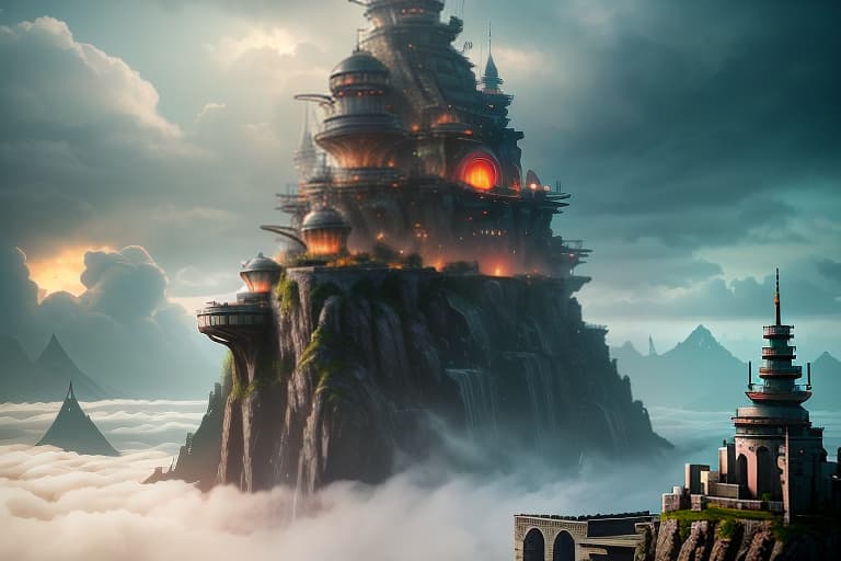  (character focus:1.1), Dilapidated fortress, detailed background, (<lora:PunkBundleAI:0.4>, valvepunkai, retro futuristic theme:1.1), (cloud city:1.1), utopian cloudtop sky city, floating platforms, floating buildings, tower, railing, clouds in background, sky waterfall in background, wind blowing, cinematic atmosphere, sunny, it is rainy hyperrealistic, full body, detailed clothing, highly detailed, cinematic lighting, stunningly beautiful, intricate, sharp focus, f/1. 8, 85mm, (centered image composition), (professionally color graded), ((bright soft diffused light)), volumetric fog, trending on instagram, trending on tumblr, HDR 4K, 8K