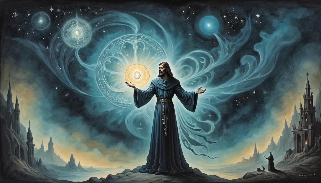  on parchment, surrealism+++, Ethereal figure surrounded by spectral glow, helping hand extended towards a radiant orb, dark celestial background, benevolent, yearning(mysterious, provocative, symbolic,muted color)+++