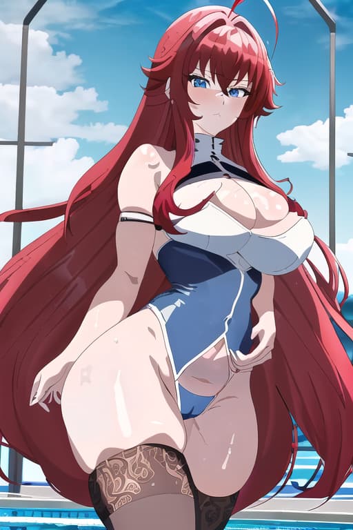  women at pool,cameltoe,age,, ,masterpiece, best quality, 1women, long red hair, looking at viewer, :3, cute, black uniform, outdoors, streets, cowboy shot, curvy, (((blue eyes))), rias gremory, red hair, antenna hair, wavy hair, ((beautiful detailed eyes, beautiful detailed glow, lots of glow)), anime screencap