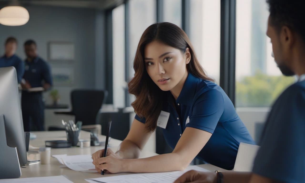  Young woman in a dark blue polo shirt sits at a table and writes on paper, in the background a bright, daylit office with large windows and a glass of water visible on the table in front of her. A water pitcher and a desk fan are on her desk, as well as other office items. Two other women in blue shirts stand nearby and look at the camera, next to someone sitting at an empty table. In a TV commercial style. The surrounding environment has a modern look with clean lines and bright colors. It also creates a sense of high end fashion and distant beauty. hyperrealistic, full body, detailed clothing, highly detailed, cinematic lighting, stunningly beautiful, intricate, sharp focus, f/1. 8, 85mm, (centered image composition), (professionally color graded), ((bright soft diffused light)), volumetric fog, trending on instagram, trending on tumblr, HDR 4K, 8K