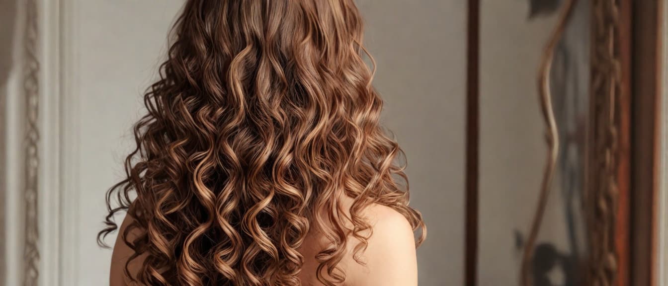  best quality, HD, back view of a girl with beautiful wavy healthy curly long shiny brown hair