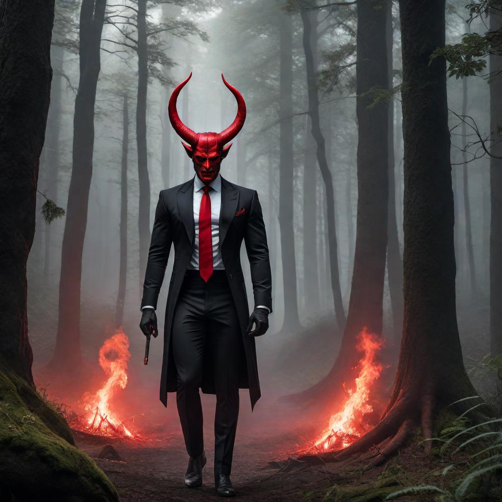  Scene 1: The Devil Setting the First Trap – A pencil-drawn scene showing the devil setting a devious trap like a snare or a pitfall. The devil has sharp features, horns, and a menacing yet focused expression. He is dressed in a traditional black suit with a red tie. The background should have an eerie atmosphere, possibly a dark forest or a desolate landscape. hyperrealistic, full body, detailed clothing, highly detailed, cinematic lighting, stunningly beautiful, intricate, sharp focus, f/1. 8, 85mm, (centered image composition), (professionally color graded), ((bright soft diffused light)), volumetric fog, trending on instagram, trending on tumblr, HDR 4K, 8K