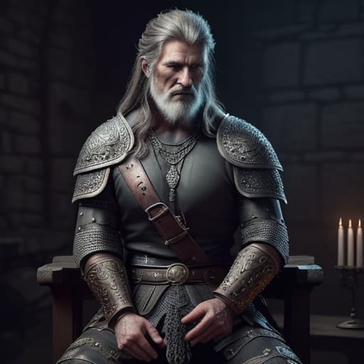  Highest quality, masterpiece, photorealistic, medium shot, RAW photo, of (a weary-looking but still proud and fierce-looking old Viking warrior, now the leader of his village, dressed in elaborately detailed chain mail and leather armour, sitting on a carved wooden throne furrowed with Viking runes and symbols, in the village meeting hall, on his lap rests an elaborately carved and beautifully crafted longsword, a few torches burn on the walls, giving the scene a dark atmosphere but sculpting the forms in sharp chiaroscuro), it is night time, (highly detailed skin), skin texture, (detailed face), detailed background, sharp focus, dark lighting, twilight lighting, volumetric lighting, highly detailed, intricate details, 8k, highly detailed,  hyperrealistic, full body, detailed clothing, highly detailed, cinematic lighting, stunningly beautiful, intricate, sharp focus, f/1. 8, 85mm, (centered image composition), (professionally color graded), ((bright soft diffused light)), volumetric fog, trending on instagram, trending on tumblr, HDR 4K, 8K