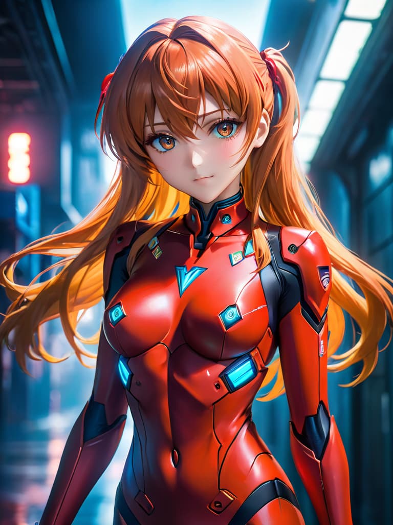  (best quality, masterpiece, colorful, highest detailed) upper body photo, fashion photography of cute (Asuka Langley), in high detailed textured Evangelion red plugsuit, (ultra detailed body), (light smile:0.3), moonlight passing through hair, (colorful background:1.3), (intricate details), (dynamic angle) hyperrealistic, full body, detailed clothing, highly detailed, cinematic lighting, stunningly beautiful, intricate, sharp focus, f/1. 8, 85mm, (centered image composition), (professionally color graded), ((bright soft diffused light)), volumetric fog, trending on instagram, trending on tumblr, HDR 4K, 8K