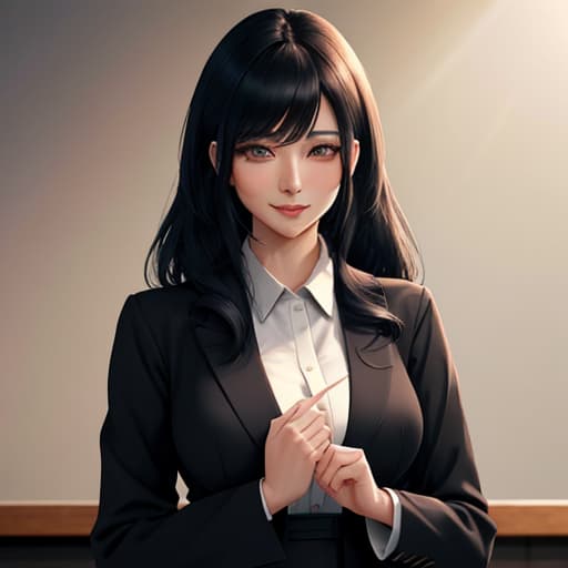  A realistic anime-style high , wearing a Japanese uniform with a blazer and pleated , standing in a clroom with natural lighting. She has long black hair, large expressive eyes, and a gentle smile. The background includes desks and a chalkboard. The atmosphere is warm and inviting, with attention to detail in her facial expressions and clothing texture. hyperrealistic, full body, detailed clothing, highly detailed, cinematic lighting, stunningly beautiful, intricate, sharp focus, f/1. 8, 85mm, (centered image composition), (professionally color graded), ((bright soft diffused light)), volumetric fog, trending on instagram, trending on tumblr, HDR 4K, 8K