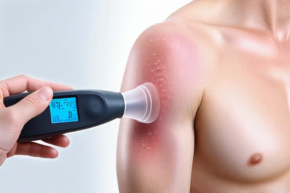  Create a detailed, realistic closeup image of a person examining their arm with a digital dermatoscope, highlighting various types of skin rashes. The background should be a clean, clinical setting, such as a doctor's office with neutral colors to maintain focus on the central theme. The person should be the only human element, ensuring no facial deformities or additional body parts are visible. Emphasize clarity and quality, with the dermatoscope and rashes portrayed accurately to aid in identification. The mood should be informative and professional, avoiding any distractions to maintain focus on the skin rash identifying chart. hyperrealistic, full body, detailed clothing, highly detailed, cinematic lighting, stunningly beautiful, intricate, sharp focus, f/1. 8, 85mm, (centered image composition), (professionally color graded), ((bright soft diffused light)), volumetric fog, trending on instagram, trending on tumblr, HDR 4K, 8K