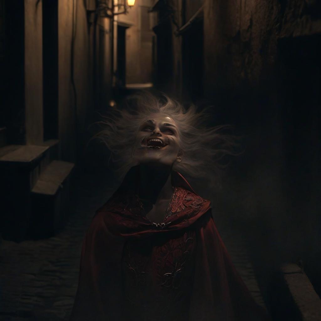  A man vampire in a red cape with long black hair. His silhouette is seen in a dark narrow alleyway. The vampire smiles, his eyes glowing red. hyperrealistic, full body, detailed clothing, highly detailed, cinematic lighting, stunningly beautiful, intricate, sharp focus, f/1. 8, 85mm, (centered image composition), (professionally color graded), ((bright soft diffused light)), volumetric fog, trending on instagram, trending on tumblr, HDR 4K, 8K