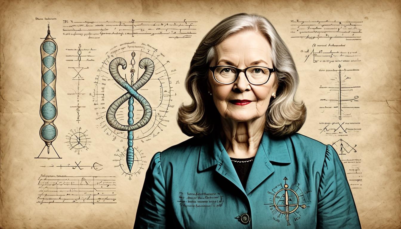  on parchment, surrealism+++, Dr. Elizabeth Blackburn (female) holding a model of a chromosome with highlighted telomeres, background of scientific symbols and equations, scholarly ambiance, knowledge and discovery(mysterious, provocative, symbolic,muted color)+++