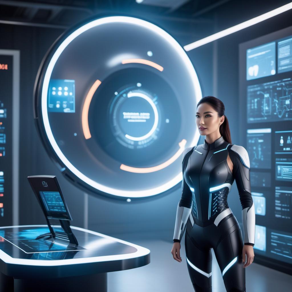  A friendly AI assistant represented by a futuristic, sleek interface. It is designed to help with a variety of tasks, including answering questions, generating text, creating and analyzing images. The scene should feature elements that suggest technology and knowledge, such as digital screens with various icons and a chat interface. hyperrealistic, full body, detailed clothing, highly detailed, cinematic lighting, stunningly beautiful, intricate, sharp focus, f/1. 8, 85mm, (centered image composition), (professionally color graded), ((bright soft diffused light)), volumetric fog, trending on instagram, trending on tumblr, HDR 4K, 8K