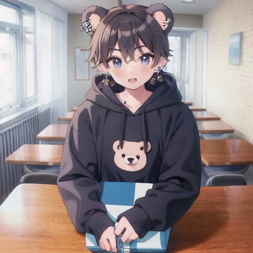  master piece , best quality,Bear ears, boy, large hoodie, cute, body piercing.