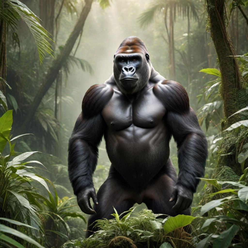  A realistic depiction of a gorilla with bull horns, standing in a natural jungle environment. hyperrealistic, full body, detailed clothing, highly detailed, cinematic lighting, stunningly beautiful, intricate, sharp focus, f/1. 8, 85mm, (centered image composition), (professionally color graded), ((bright soft diffused light)), volumetric fog, trending on instagram, trending on tumblr, HDR 4K, 8K