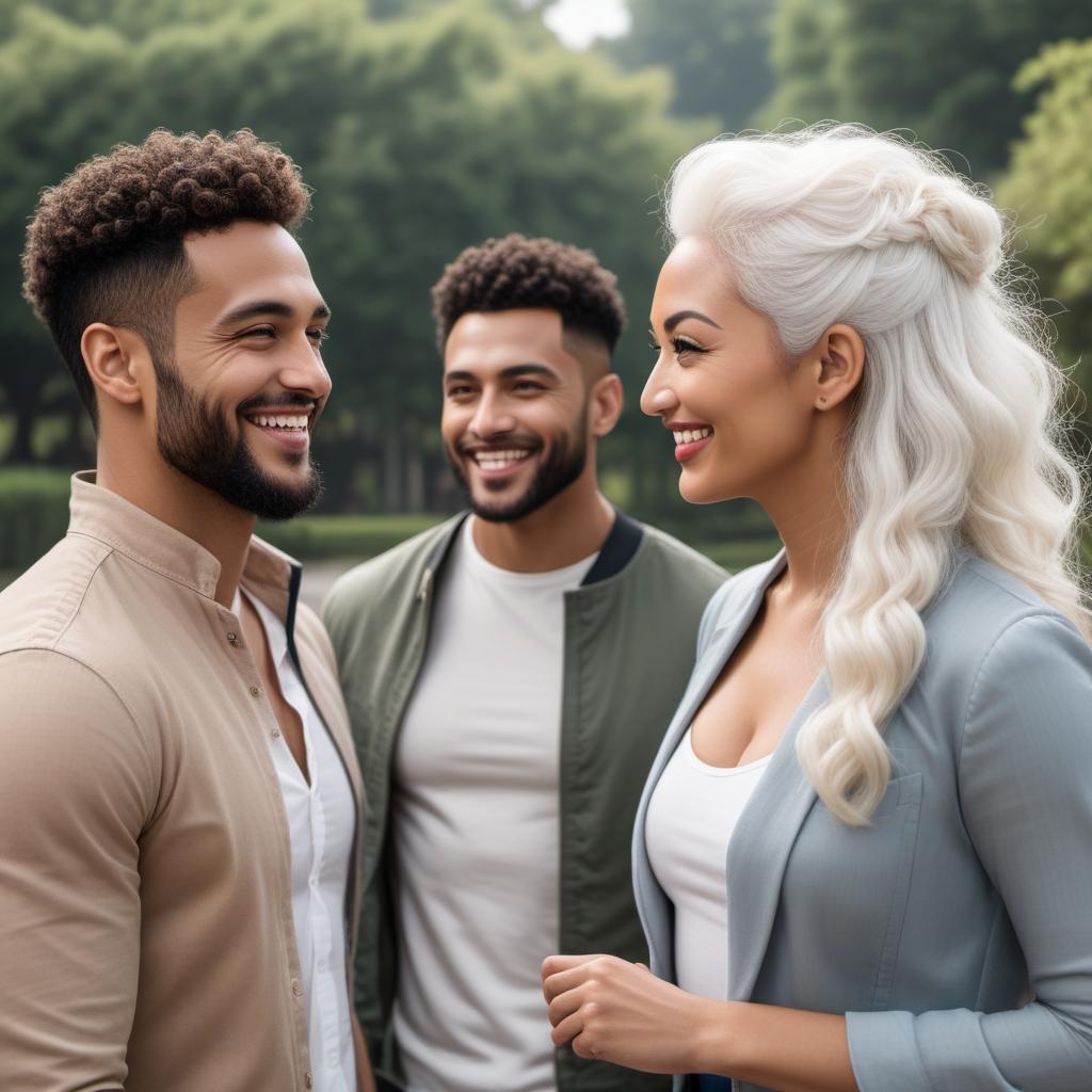  A photograph of four mixed-race people chatting together. The first person is a Chinese mixed-race woman with white hair. The second person is a Middle Eastern white man with curly hair. The third person is a Japanese mixed-Latino woman with curly white hair. The fourth person is an Indigenous and European man with wavy blond hair tied back. They are standing together in a casual setting, smiling and enjoying their conversation. hyperrealistic, full body, detailed clothing, highly detailed, cinematic lighting, stunningly beautiful, intricate, sharp focus, f/1. 8, 85mm, (centered image composition), (professionally color graded), ((bright soft diffused light)), volumetric fog, trending on instagram, trending on tumblr, HDR 4K, 8K