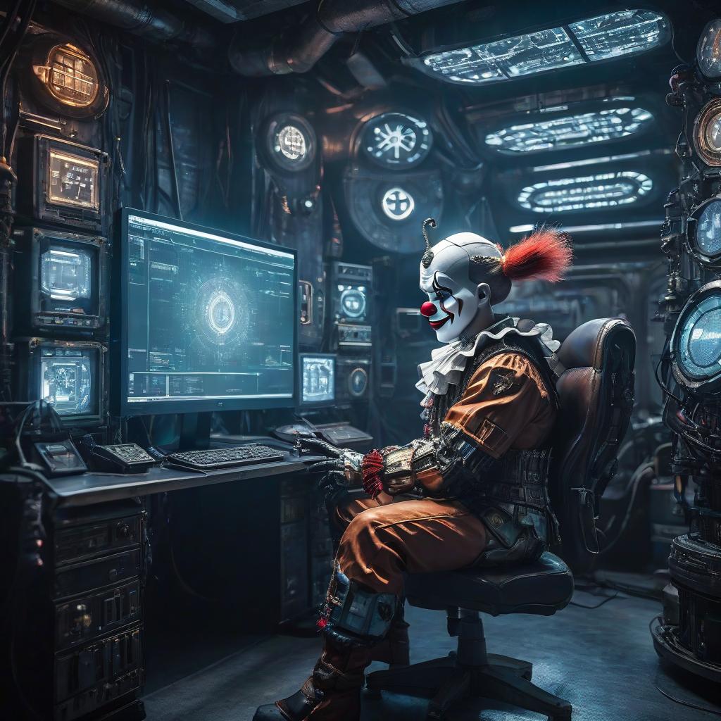  cybernetic style A room, a clown sits at a computer with a stock on the screen, with 14K written in the center on top of it all . futuristic, technological, cybernetic enhancements, robotics, artificial intelligence themes hyperrealistic, full body, detailed clothing, highly detailed, cinematic lighting, stunningly beautiful, intricate, sharp focus, f/1. 8, 85mm, (centered image composition), (professionally color graded), ((bright soft diffused light)), volumetric fog, trending on instagram, trending on tumblr, HDR 4K, 8K