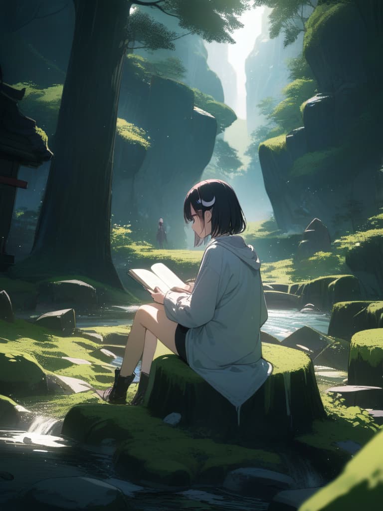  Forest,sunlight filtering through the trees,Mountain stream,moss covered rocks,broken shrine,moss covered building,forest,reading,best quality,beautiful,fantastic,cool girl,Black hair,(purple eyes),short,cropped hair,crescent moon hair ornament,On the stump, masterpiece, best quality,8k,ultra detailed,high resolution,an extremely delicate and beautiful,hyper detail