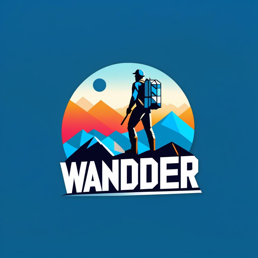  Logo, (geometric style), “Wanderer ” on the way to the summit at a blue sunrise