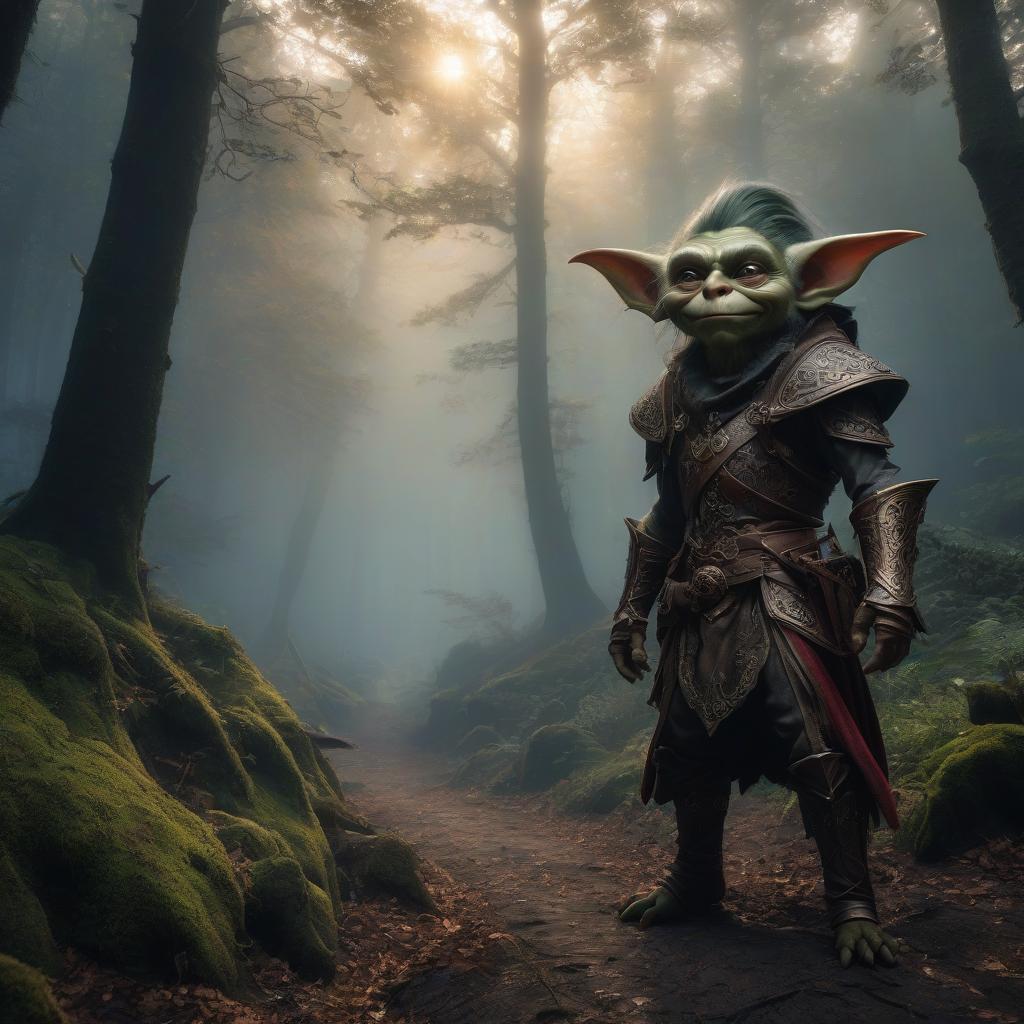  Renaissance style Goblin, foggy forest, Zaleshchyki, darkness . realistic, perspective, light and shadow, religious or mythological themes, highly detailed hyperrealistic, full body, detailed clothing, highly detailed, cinematic lighting, stunningly beautiful, intricate, sharp focus, f/1. 8, 85mm, (centered image composition), (professionally color graded), ((bright soft diffused light)), volumetric fog, trending on instagram, trending on tumblr, HDR 4K, 8K