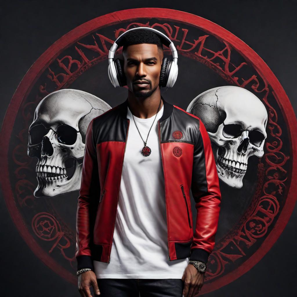  A logo for the rap name 'B.RayOnDaTrack' incorporating a black and red record, the name 'B.RayOnDaTrack,' and a skull wearing headphones. The design should prominently feature the text 'B.RayOnDaTrack' along with the graphical elements to create a cohesive and stylish logo suitable for the music industry. hyperrealistic, full body, detailed clothing, highly detailed, cinematic lighting, stunningly beautiful, intricate, sharp focus, f/1. 8, 85mm, (centered image composition), (professionally color graded), ((bright soft diffused light)), volumetric fog, trending on instagram, trending on tumblr, HDR 4K, 8K