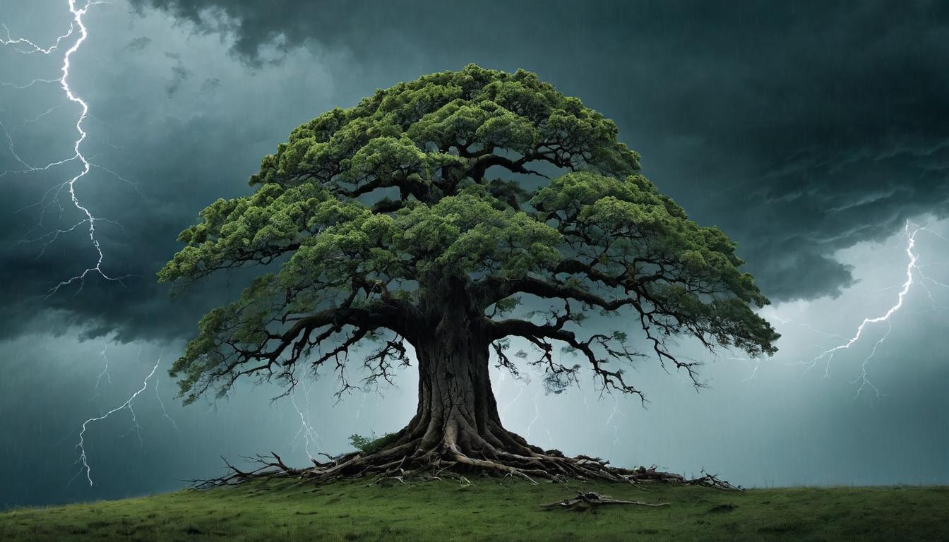  （surrealism)A towering oak tree weathering a storm, branches swaying, roots gripping the earth firmly, dark clouds overhead, resilience, strength in adversity mystic, intricate details, best quality)