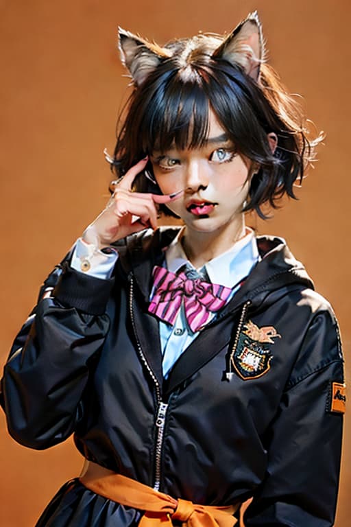  masterpiece, best quality, 1, solo, animal ears, bow, teeth, jacket, tail, open mouth, brown hair, orange background, bowtie, orange nails, simple background, cat ears, orange eyes, blue bow, animal ear fluff, cat tail, looking at viewer, upper body, shirt, uniform, hood, striped bow, striped, white shirt, black jacket, blue bowtie, fingernails, long sleeves, cat , bangs, fangs, collared shirt, striped bowtie, short hair, tongue, hoodie, sharp teeth, facial mark, claw pose pink s small  hyperrealistic, full body, detailed clothing, highly detailed, cinematic lighting, stunningly beautiful, intricate, sharp focus, f/1. 8, 85mm, (centered image composition), (professionally color graded), ((bright soft diffused light)), volumetric fog, trending on instagram, trending on tumblr, HDR 4K, 8K