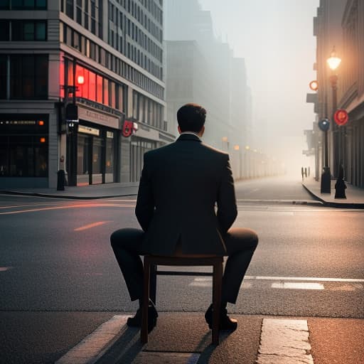  A man sits on a chair with his back facing the road, gazing into a mirror in front of him. There's another world reflected in the mirror. People walk past on either side of the street, but they don't pay attention to him. First person view, a man with his back towards the road. hyperrealistic, full body, detailed clothing, highly detailed, cinematic lighting, stunningly beautiful, intricate, sharp focus, f/1. 8, 85mm, (centered image composition), (professionally color graded), ((bright soft diffused light)), volumetric fog, trending on instagram, trending on tumblr, HDR 4K, 8K