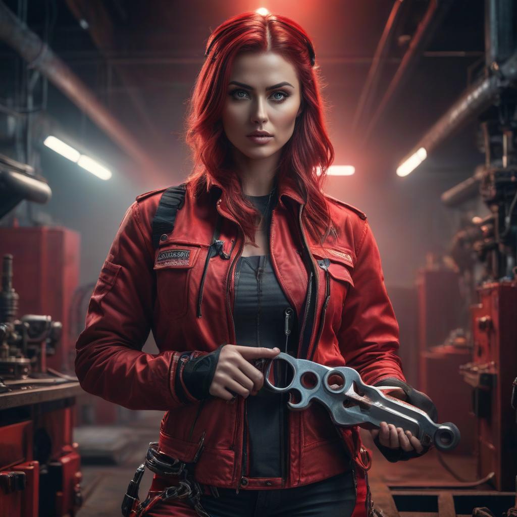  A girl with a wrench in red. hyperrealistic, full body, detailed clothing, highly detailed, cinematic lighting, stunningly beautiful, intricate, sharp focus, f/1. 8, 85mm, (centered image composition), (professionally color graded), ((bright soft diffused light)), volumetric fog, trending on instagram, trending on tumblr, HDR 4K, 8K