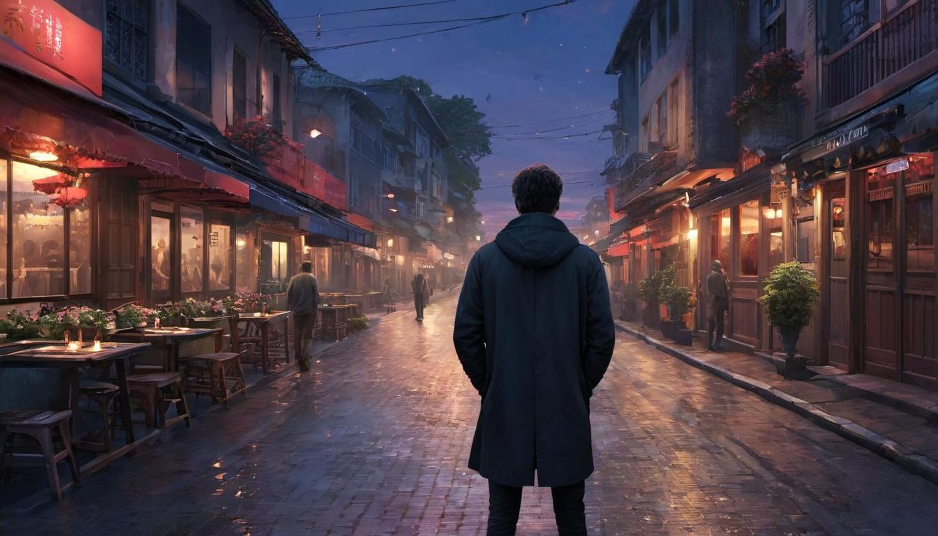  digital illustration, 1man, standing alone, looking down at the ground, empty street around him, twilight, sense of loneliness and contemplation, looking at viewer, dynamic pose, (intricate details, masterpiece, best quality)