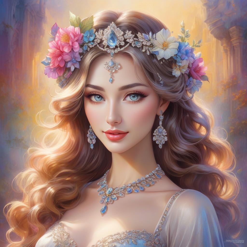  A portrait of a woman with a flower crown and bejeweled accessories against a soft, colorful background. Watercolor in the style of Josephine Wall, Tomasz Allen Kopera, Dariusz Zawadzki, Andreja Peklar, Ivan Shiskine,Create an image of a young woman with a radiant and cheerful expression. Her skin is smooth with a fair complexion. She has large, captivating eyes with a gentle gaze and well defined eyebrows. Her full lips curve into a warm, inviting smile that enhances her approachable aura. Her hair is voluminous and flows in luxurious, well defined waves, cascading around her face and shoulders. The hair color is a soft, monochromatic hue that harmonizes with the colour tone of the image, giving an overall classical and timeless feel. She  hyperrealistic, full body, detailed clothing, highly detailed, cinematic lighting, stunningly beautiful, intricate, sharp focus, f/1. 8, 85mm, (centered image composition), (professionally color graded), ((bright soft diffused light)), volumetric fog, trending on instagram, trending on tumblr, HDR 4K, 8K