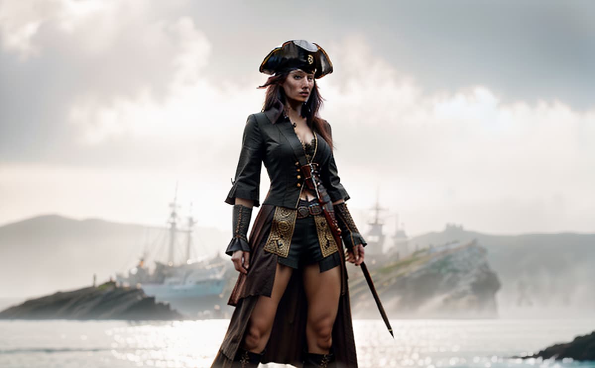  pirate hyperrealistic, full body, detailed clothing, highly detailed, cinematic lighting, stunningly beautiful, intricate, sharp focus, f/1. 8, 85mm, (centered image composition), (professionally color graded), ((bright soft diffused light)), volumetric fog, trending on instagram, trending on tumblr, HDR 4K, 8K