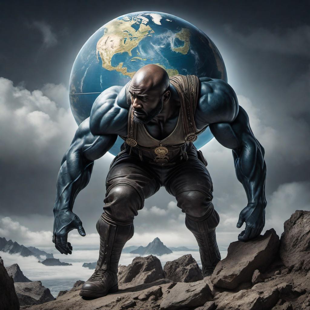  A detailed illustration of a weak man carrying the burden of the world on his back. The man is frail and visibly struggling under the immense weight of the globe. He is depicted in a crouched position, his body bowed and his legs trembling from the effort. His face shows pain and exhaustion as he tries to bear the burden. The globe he is carrying is detailed, showing continents and oceans, and it looks overwhelming in comparison to the man's small frame. The background is simple, ensuring the focus remains on the man's struggle. The overall tone highlights the overwhelming burden and the man's determination to carry it despite his weakness. hyperrealistic, full body, detailed clothing, highly detailed, cinematic lighting, stunningly beautiful, intricate, sharp focus, f/1. 8, 85mm, (centered image composition), (professionally color graded), ((bright soft diffused light)), volumetric fog, trending on instagram, trending on tumblr, HDR 4K, 8K