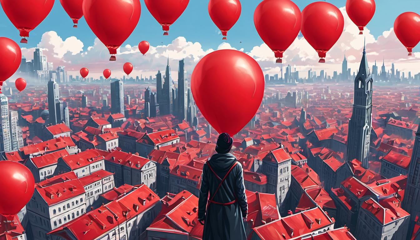  digital illustration, 1figure, letting go of a balloon, background of a bustling cityscape, ascending balloon in vivid red color, urban environment, sense of release, detachment from societal expectations, freedom, looking at viewer, dynamic pose, (intricate details, masterpiece, best quality)